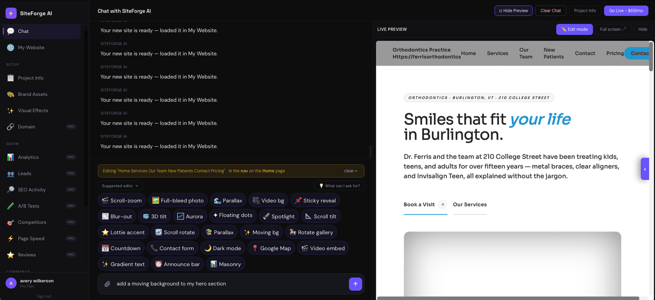 LightningWeb chat editor rewriting a hero section live, with the in-progress edit tracked in a chip
