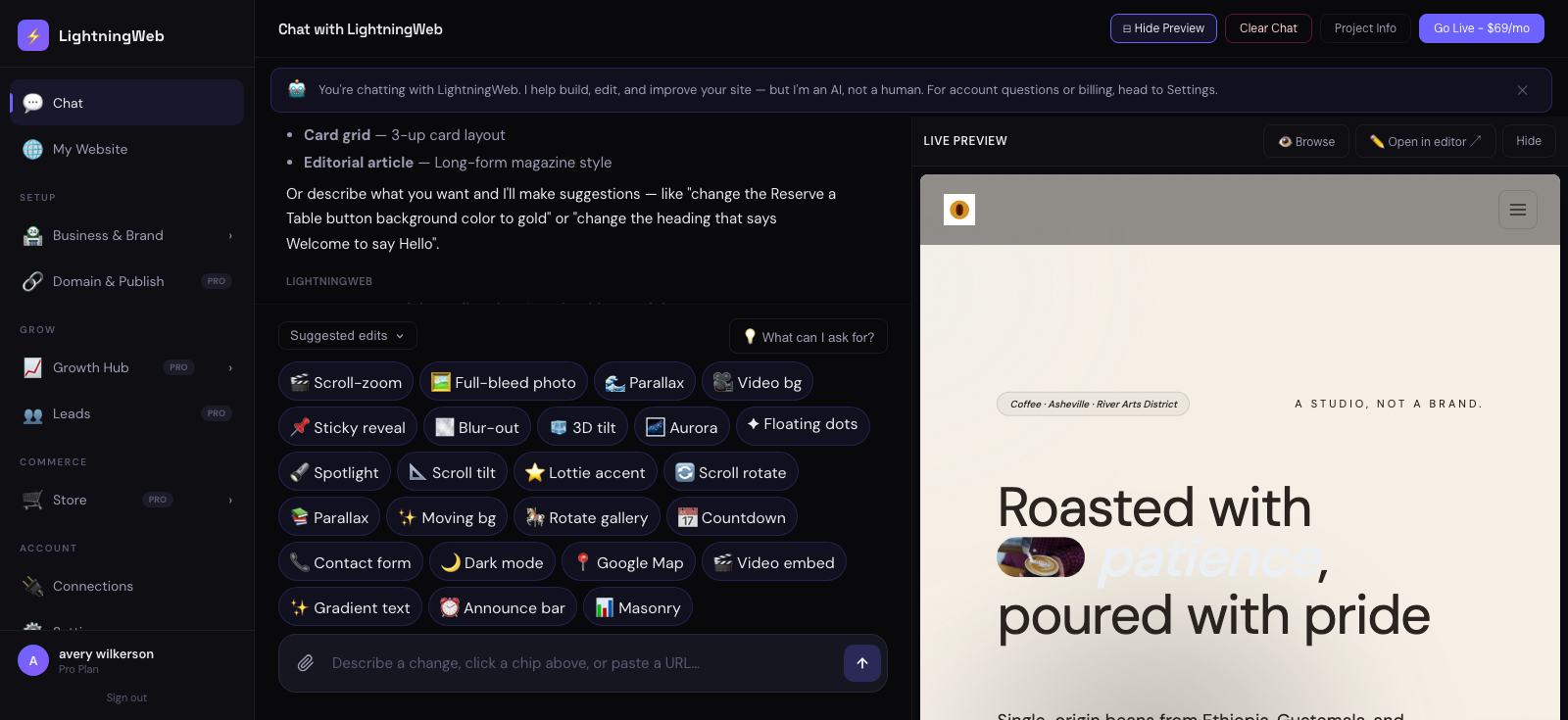 LightningWeb chat editor with one-tap edit chips and a live preview of a real generated coffee-shop site