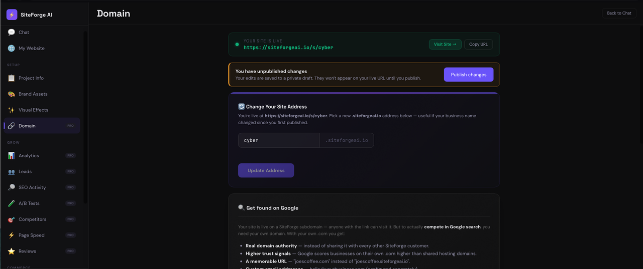 LightningWeb publish screen showing a site-is-live banner, the live subdomain, and a get-found-on-Google prompt