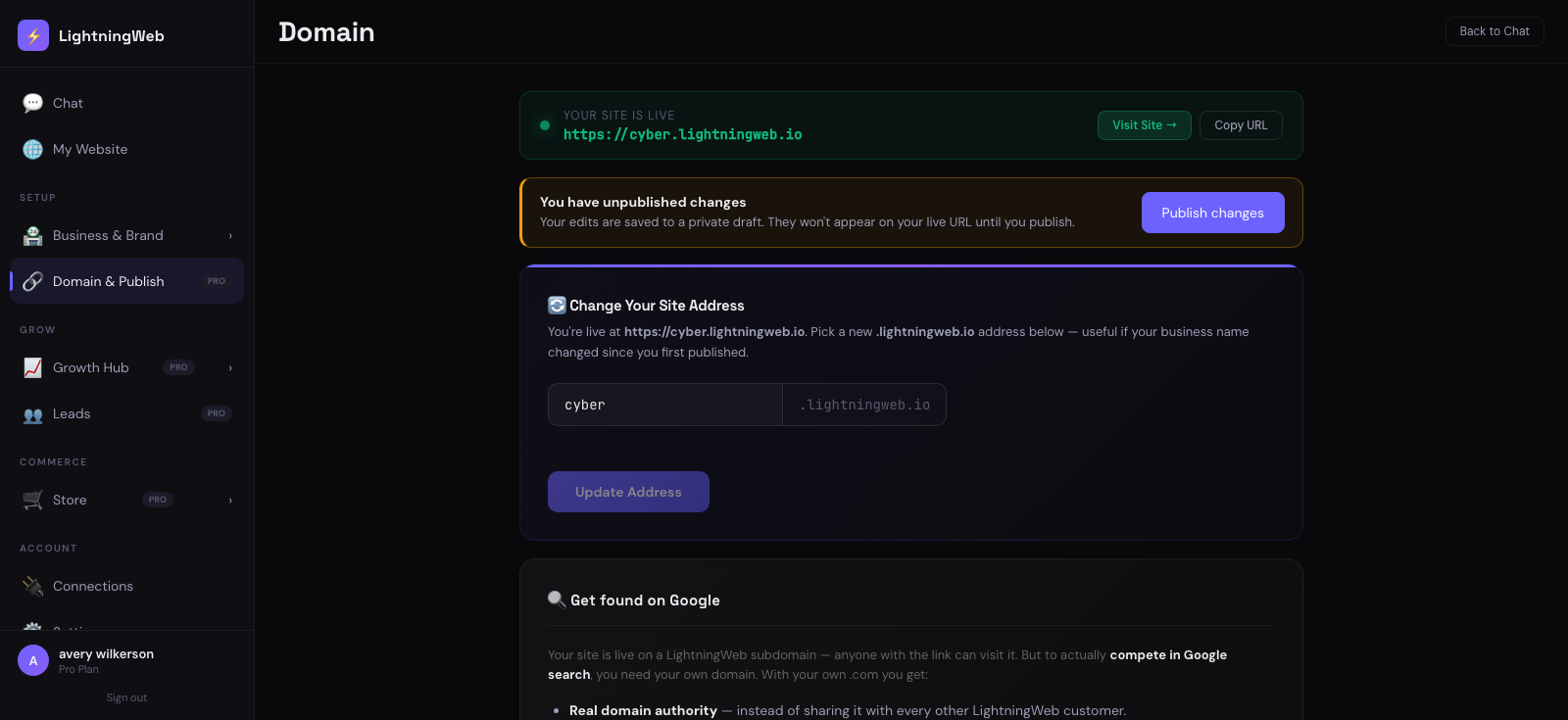 LightningWeb publish screen showing a site-is-live banner, the live subdomain, and a get-found-on-Google prompt