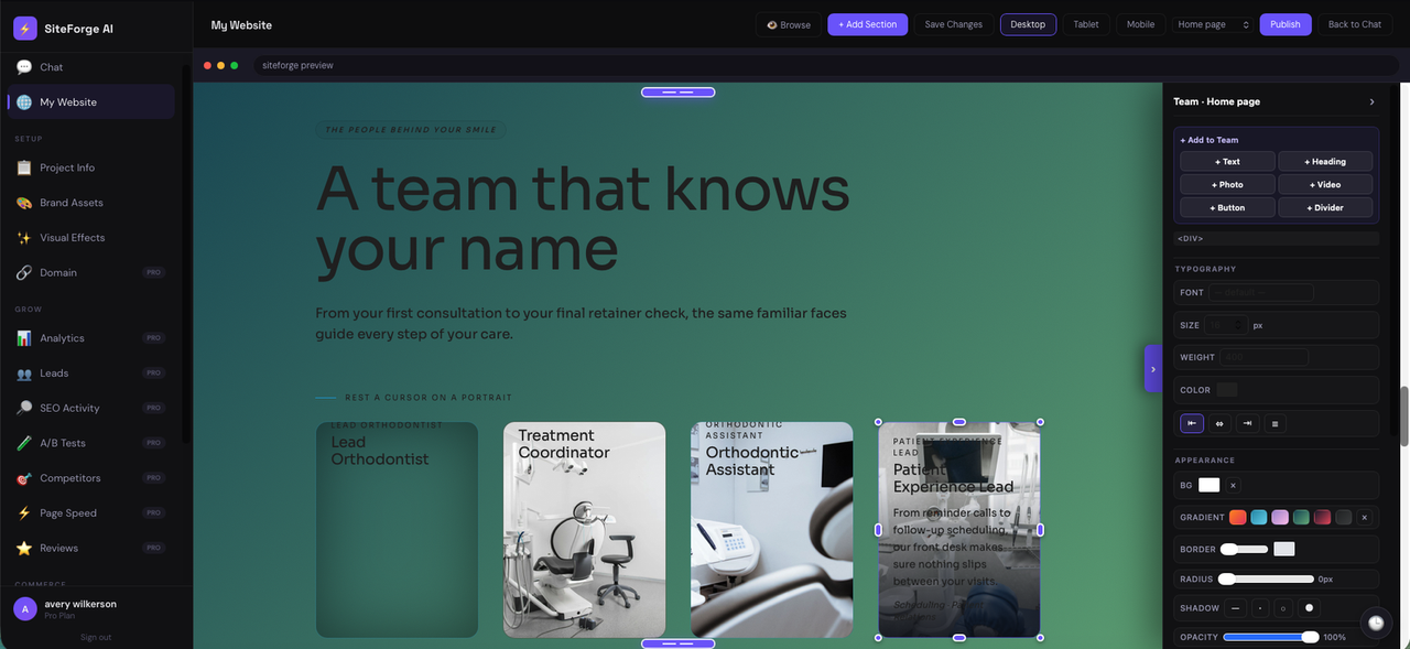 LightningWeb live editor with a hero typography panel docked beside a real customer site preview