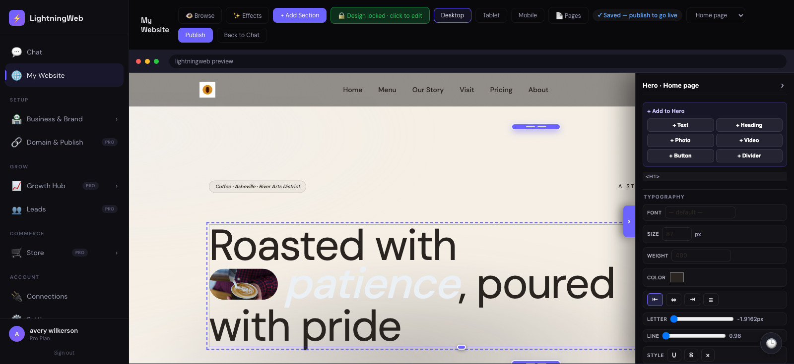 LightningWeb live editor with a hero typography panel docked beside the selected headline of a real site