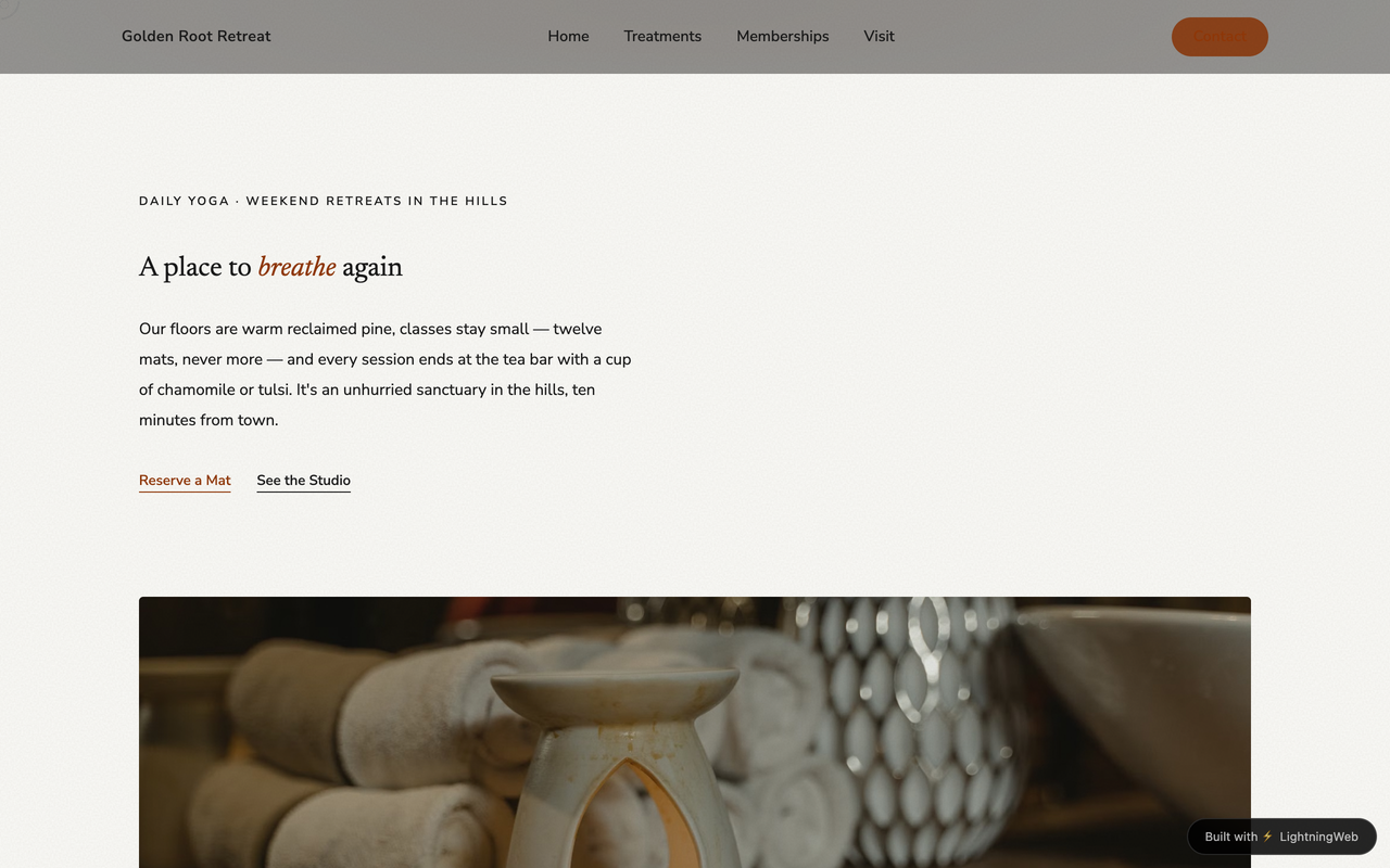Example yoga studio website generated by LightningWeb — warm editorial hero with retreat photography