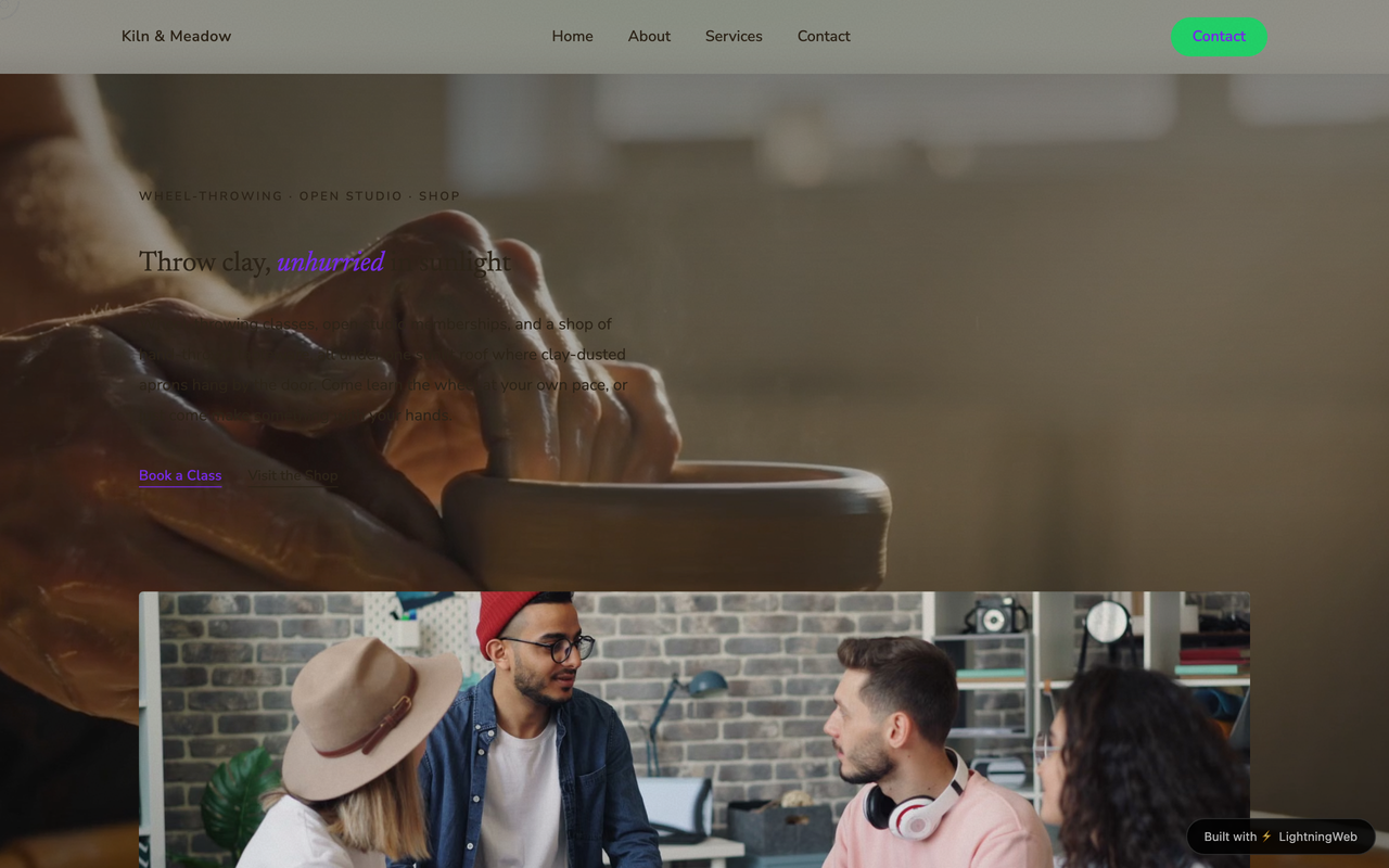 Example pottery studio website generated by LightningWeb — hands shaping clay on a wheel with cinematic video hero