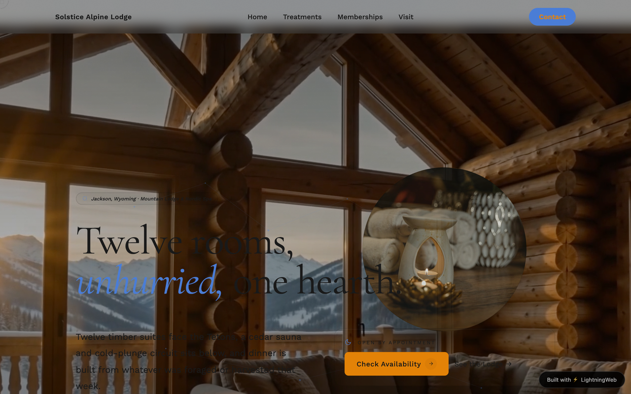 Example mountain lodge website generated by LightningWeb — timber suite interior at golden hour with cinematic video hero