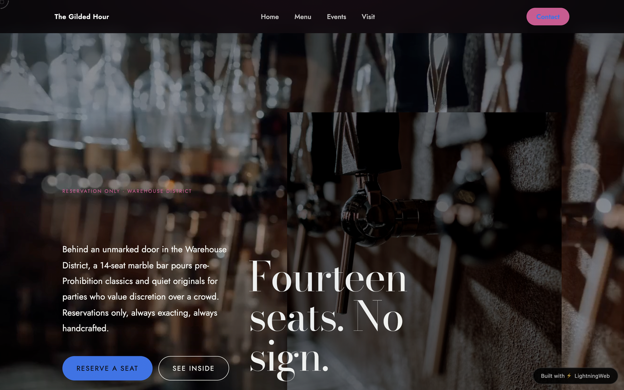 Example cocktail bar website generated by LightningWeb — dark marble bar with cinematic video hero