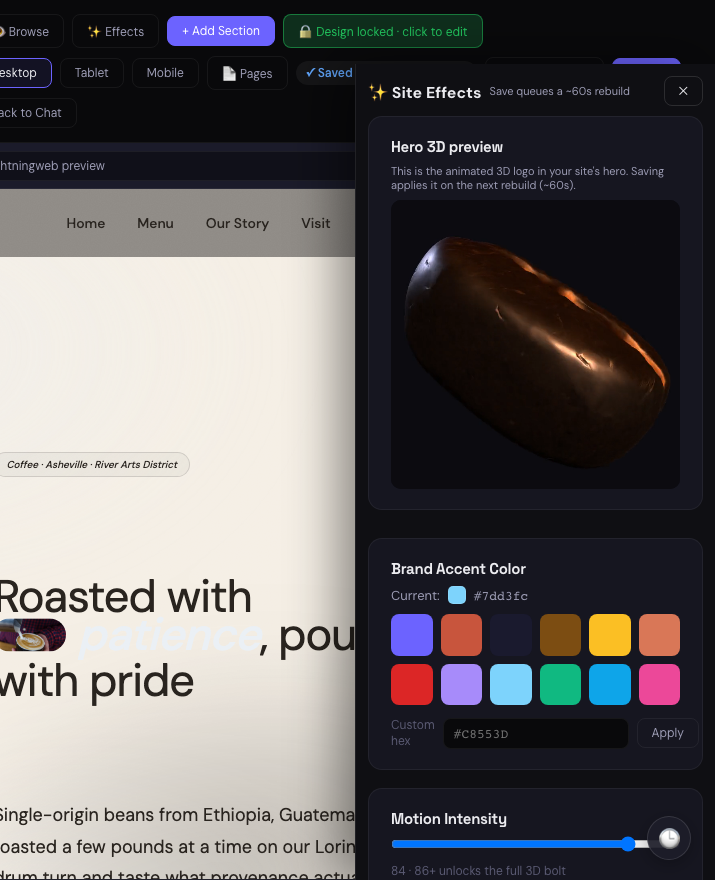 LightningWeb Site Effects dock with a spinning 3D logo preview, brand accent colors, and the live site beside it